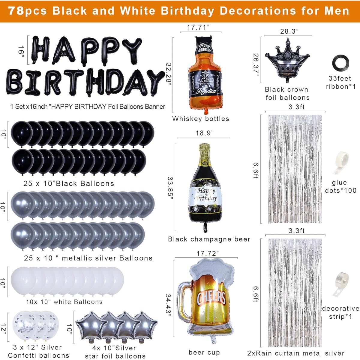Black Happy Birthday Decorations Men's Banner Fringe Curtain Beer Crown Foil Balloon Balloon Kit 21 Years Old 25 Years Old 30 Years Old 35 Years Old 40 Years Old 50 Years Old 60th Birthday Decorations