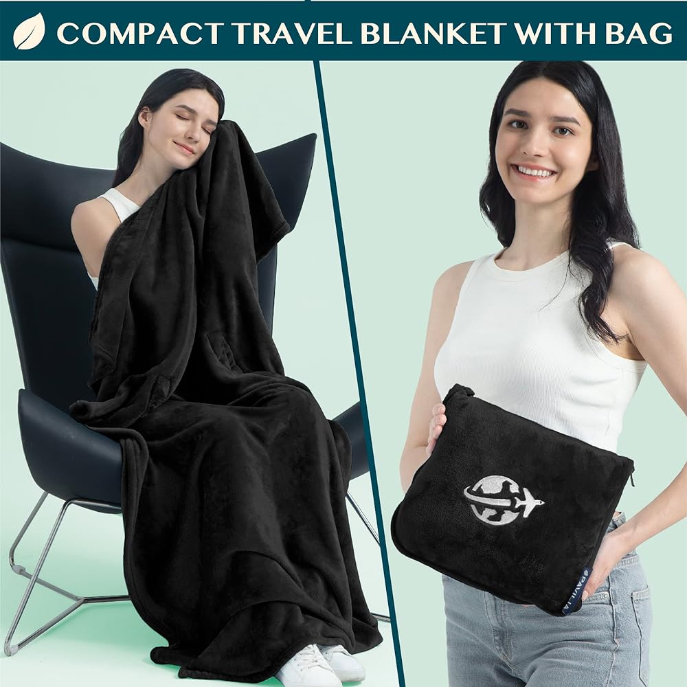 PAVILIA Travel Blanket and Pillow, Warm Airplane Blanket for Adults, 2-in-1 Bag, Compact Airplane Blanket, Airplane Blanket for Airplanes, Camping, with Armholes, Luggage Sleeve, Backpack Clip, Gift for Travelers, Black
