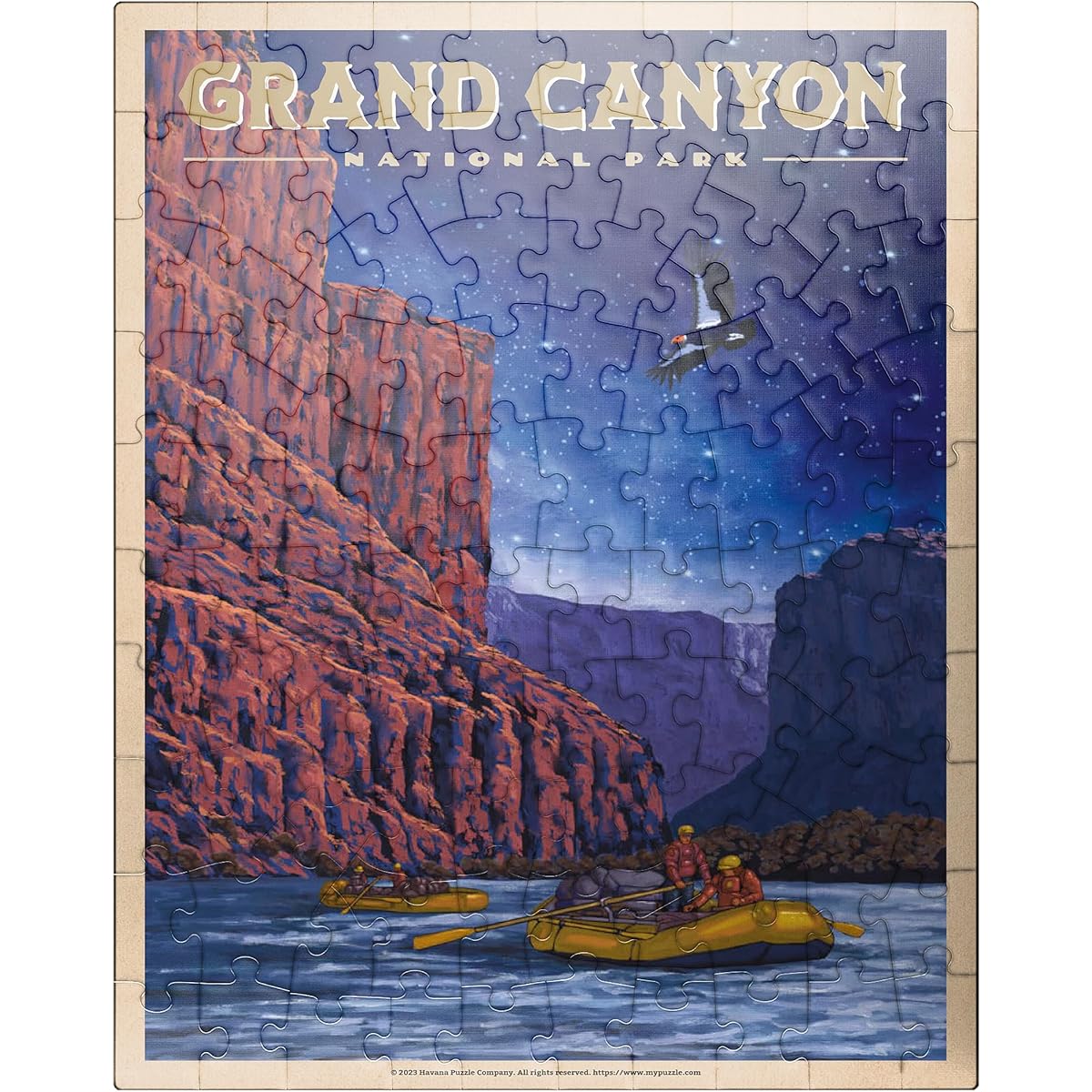 Grand Canyon National Park - Night Rafting, Vintage Travel Poster - Premium 100 Piece Jigsaw Puzzle for Adults