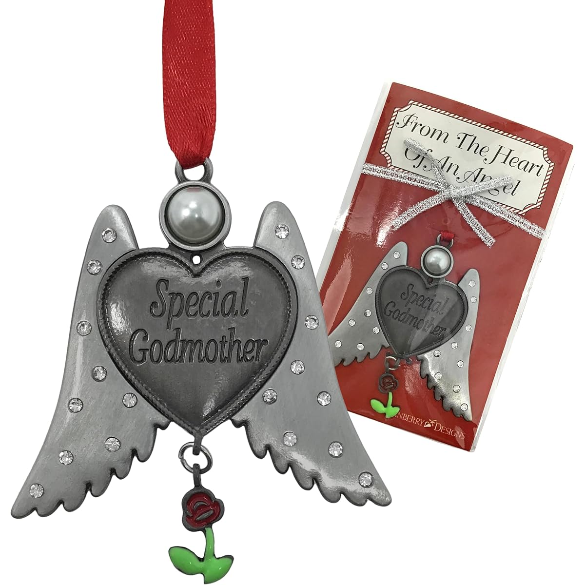Special Godmother Ornament - Angel Wings Ornament with Rose Charm and Special Godmother Engraved - God Mom Angel