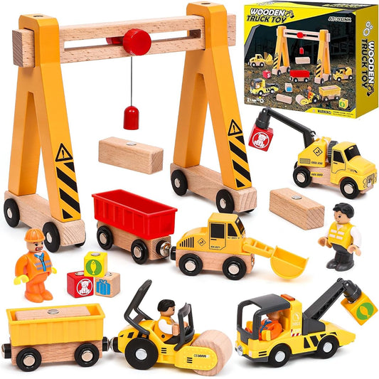 Atoylink 15pcs Wooden Construction Toys for Kids Magnetic Train/Gantry Crane Bulldozer Roller Tow Truck Construction Site Vehicles Playset Gift for 3 4 5 6 Years Old Toddler Boys