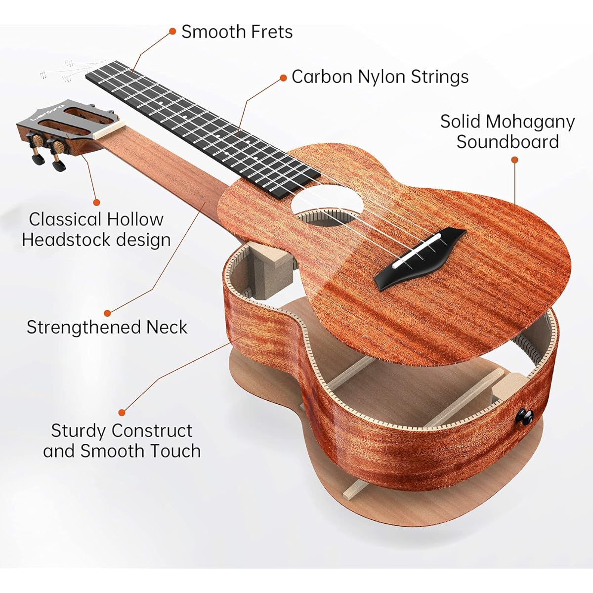 Lankro Concert Ukulele Beginner 23" Solid Mahogany Ukulele Professional Wooden Ukulele Beginner Kit with Gig Bag Pick Tuner Strap Carbon Fiber String Cleaning Cloth