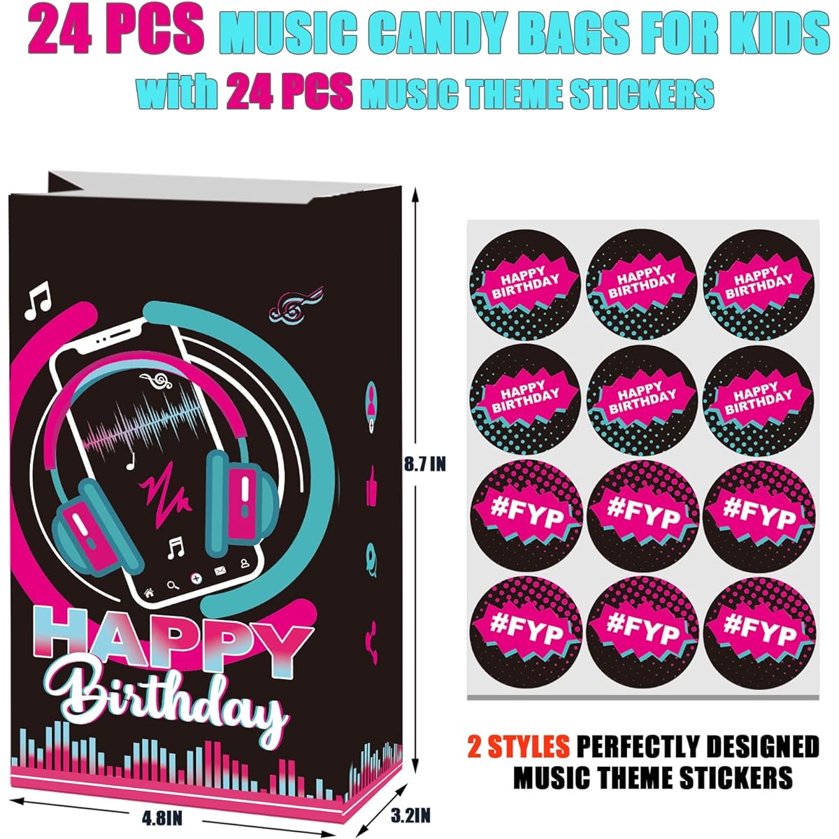 PARTYAGE 24 Pieces Music Party Gift Bags, Music Theme Party Favor Bags, for Music Theme Party, Music Candy Goodie Bags Teenager Girl Boy Birthday Party Decorations