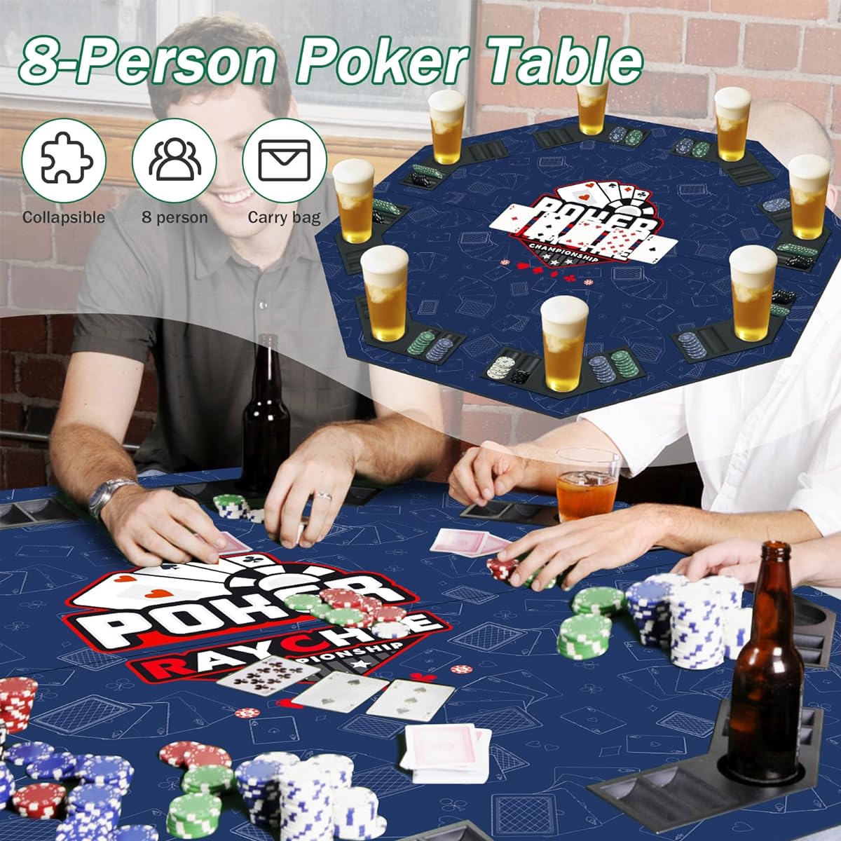 RayChee 48" Foldable 8 Person Poker Table Top Wooden Texas Poker Table Topper Portable Non-Slip Poker Cards Tabletop Layout Chip Tray Cup Holder with Carry Bag for Family Games Casino (Blue)