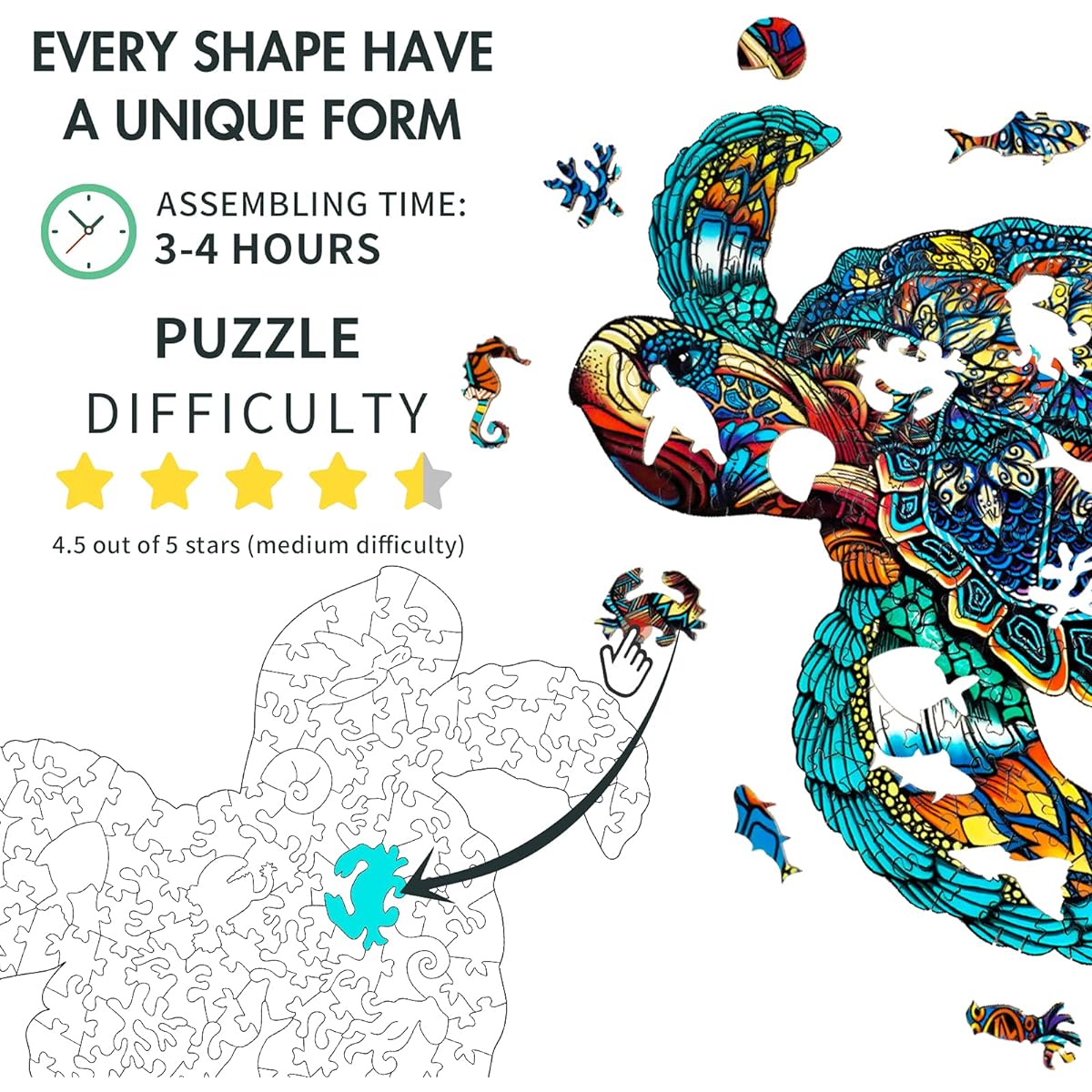 KAAYEE Wooden Puzzle Jigsaw Puzzle Sea Turtle Puzzle Gifts for Adults and Kids Unique Jigsaw Puzzle Fun Challenging Animal Puzzle Family Game 11.8 x 10 Inch 180 Pieces Medium Size