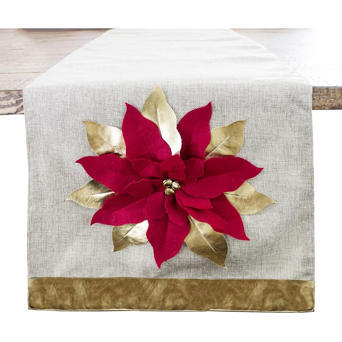 Fenneco Styles Holiday Unique 3D Poinsettia Christmas Decorative Throw Pillow 16"x72" Table Runner Gold