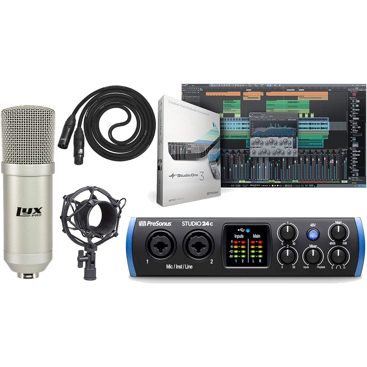 PreSonus Studio 24c 2x2 USB Type-C Audio/MIDI Interface Studio One Artist Software Kit/Condenser Microphone Shock Cloak/XLR Cable Included