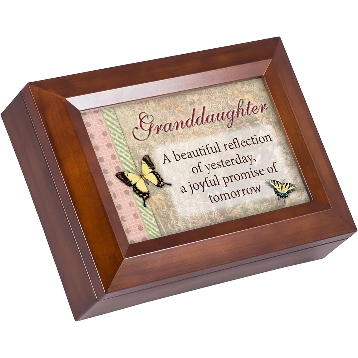 Granddaughter Butterfly Beautiful Wood Finish Musical Jewelry Box - Plays Tune You Are My Sunshine