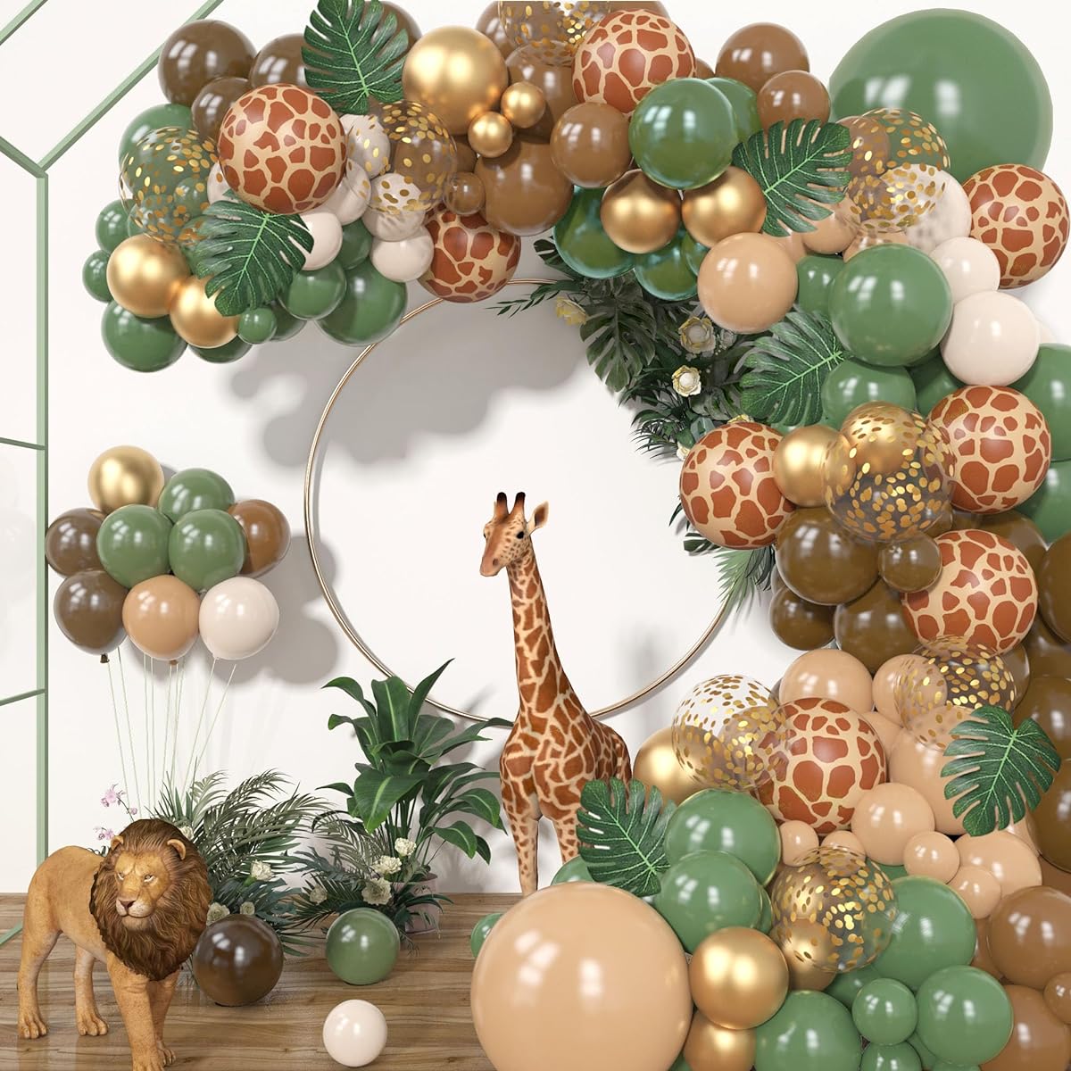 Jungle Safari Balloon Garland Kit, 170pcs Sage Green Brown Sand White Animal Print Balloons Palm Leaves Woodland Theme Safari Baby Shower Wedding Birthday Two Wild Ones Party Decorations