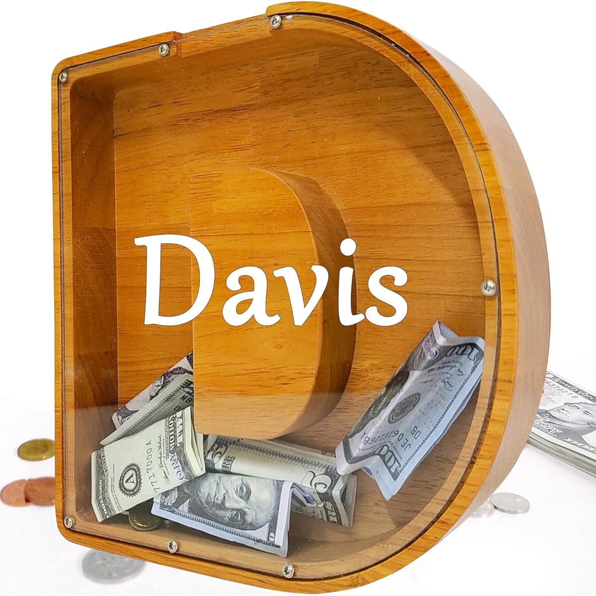 Custom Wooden Piggy Bank Creative 26 English Alphabet Letter Storage Tank Personalized Letter Coin Bank Customized Wooden Toy Piggy Bank Frame DIY Own Name Letter Decoration Kids Piggy Bank (D)