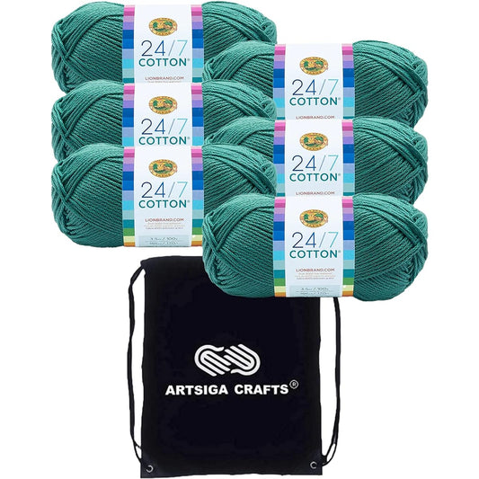 Lion Brand 24/7 Cotton Yarn Jade 761-178 (6 Skeins) Same Dyed Lot Worsted Medium #4 Soft Knitting Yarn Crochet 100% Cotton Bundle with 1 Artsiga Craft Bag