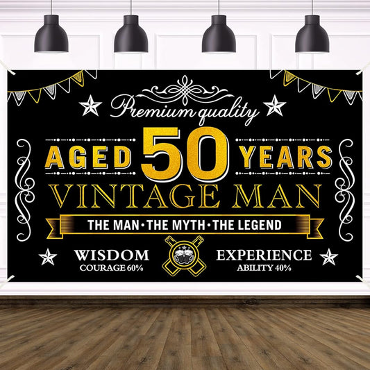 50th Birthday Banner Decorations for Men Black Gold Vintage 50th Birthday Backdrop Sign Party Supplies 50th Birthday Party Photo Booth Background Poster Decor (72.8 x 43.3 inch)