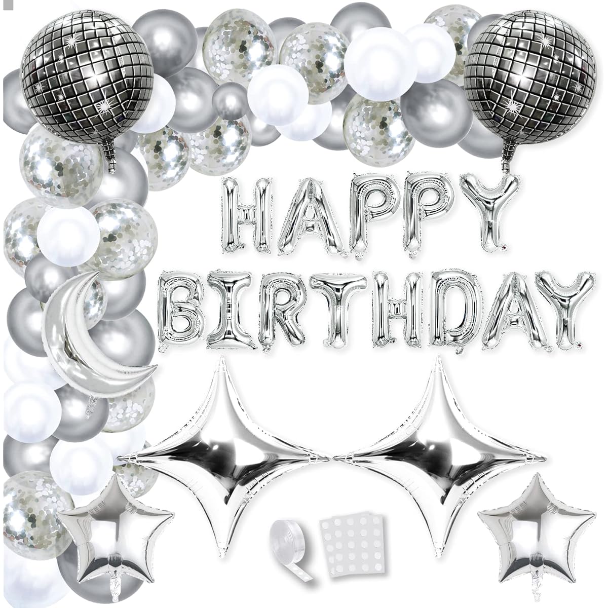 NOVBAUB Disco Ball Balloons Party Decorations 73pcs 4D Metallic Silver Foil Balloons Birthday Decorations Stars and Moon Disco Balloons for Birthday Party Decorations