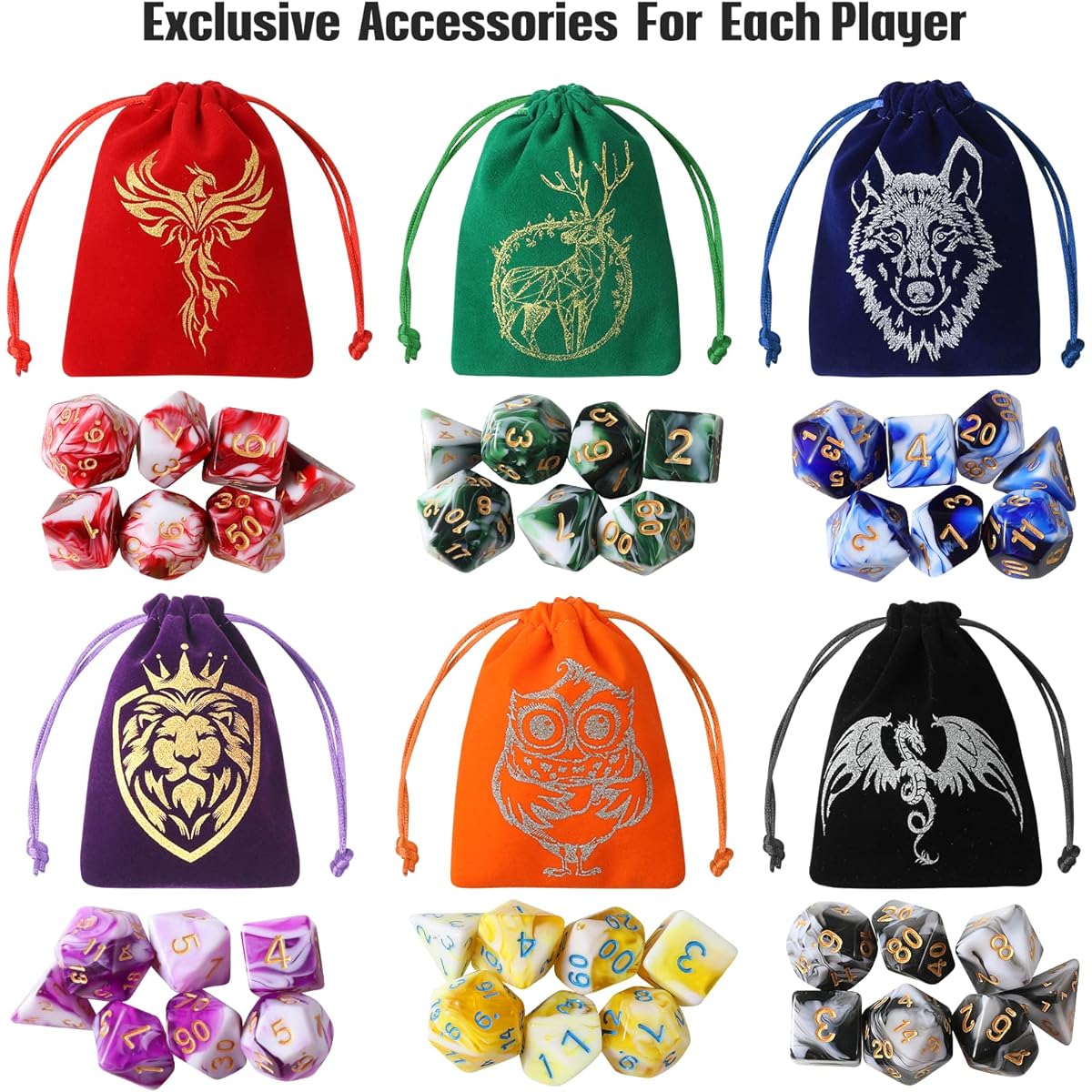 Grajar DND Dice Set, Role Playing Dice Set, 42 Pieces, 6 Colorful Animal Pattern Dice Bags, PU Leather and Velvet Dice Tray for Dungeons and Dragons, D&D RPG MTG Tabletop Game Mix, White