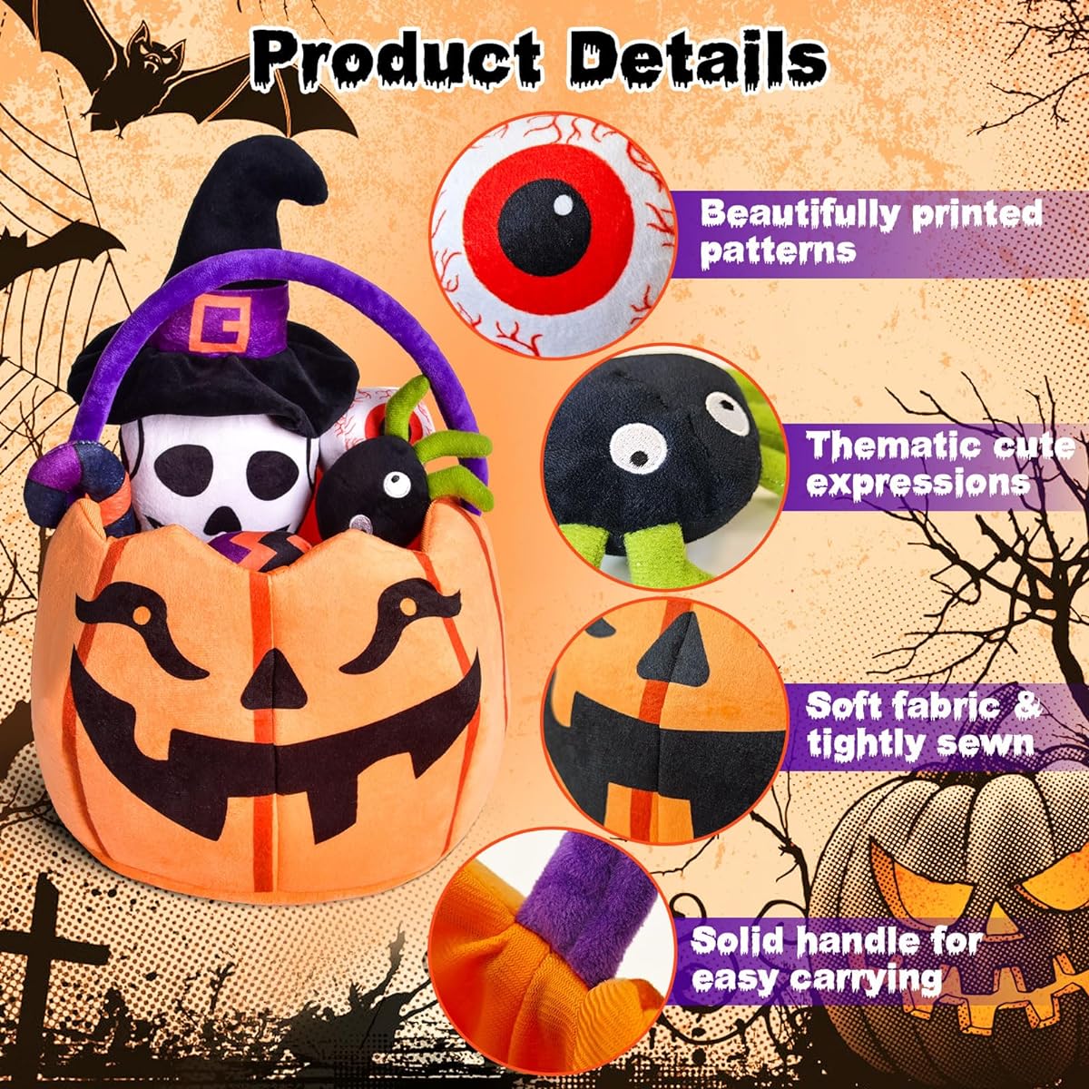 FUN LITTLE TOYS 8 Halloween Plush Pumpkin Baskets with Stuffed Animals