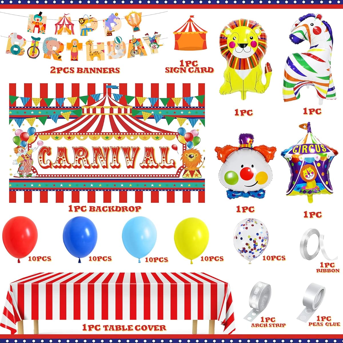 Circus Carnival Theme Party Decorations Carnival Confetti Balloon Arch Kit Carnival Backdrop Tablecloth Happy Birthday Banner Circus Tent Lion Clown Zebra Foil Balloons Birthday Carnival Decorations 58pcs