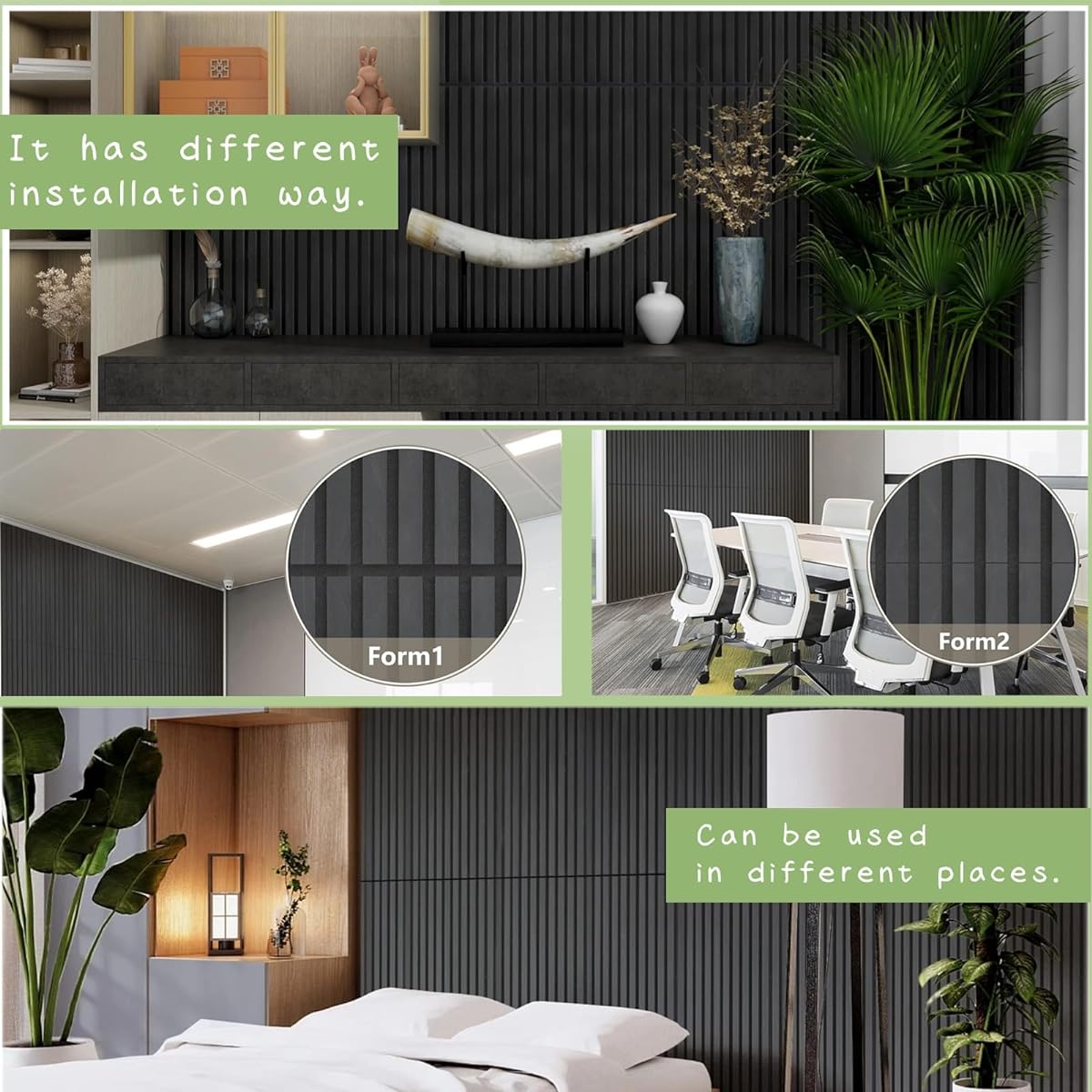 Acoustic Wood Slat Panels for Interior Wall Decoration, Soundproof Wall Panels, 3D Slat Wood Panels, Bedroom Sound Absorption Decoration, Seamless Joint, 43.3" x 18.9", Black, 2 Pieces