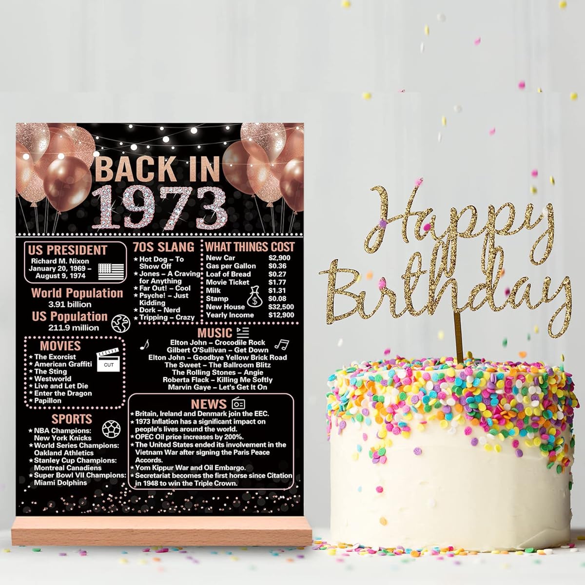 Trgowaul 1973 50th Birthday Party Table Centerpiece Decorations Rose Gold Back in 1973 Poster Acrylic Table Sign with Wooden Stand