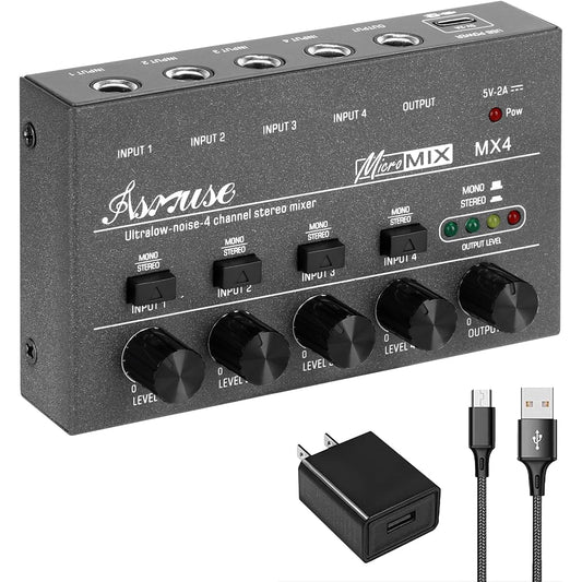 Asmuse 4 Channel Audio Mixer, Low Noise Mini Stereo Line Mixer, DC 5V Power Mixer, Guitar, Microphone, Keyboard Mixer.