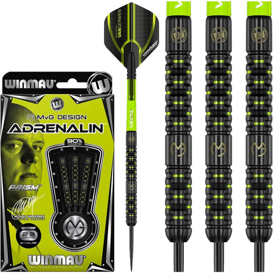 WINMAU Michael van Gerwen MvG Adrenalin Tungsten Steeltip Darts Set 23g with Prism Flights and Vecta Shafts (Stems) 1441-23