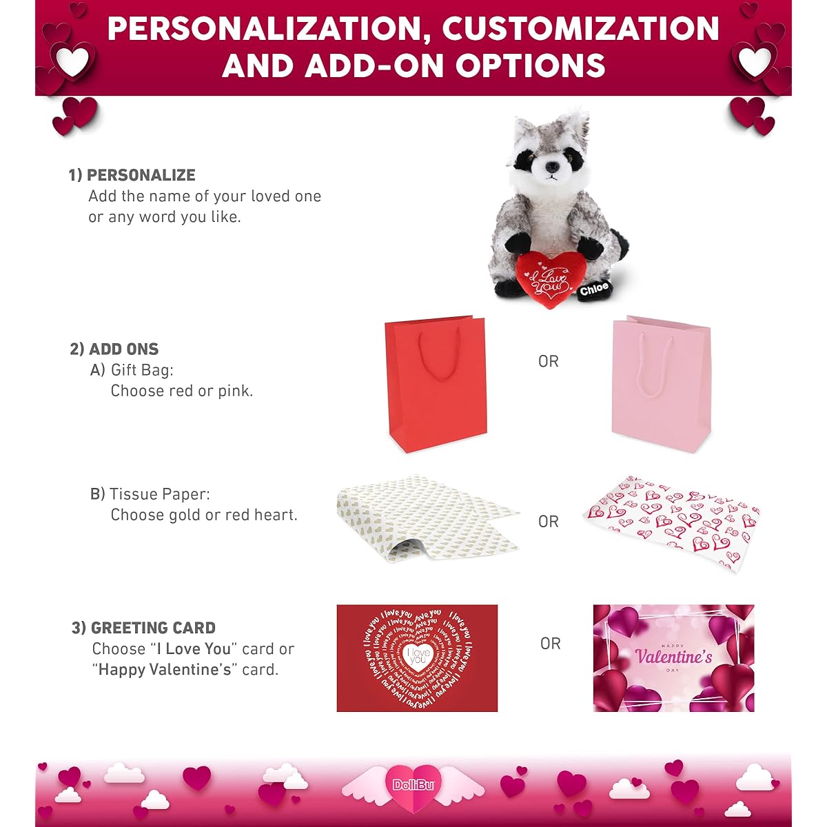 DolliBu I Love You Plush Raccoon - Cute Stuffed Animal with Heart and Name Personalized for Valentine's Day/Anniversary/Special Occasion/Romantic Date/Boyfriend/Girlfriend Gift - 9"