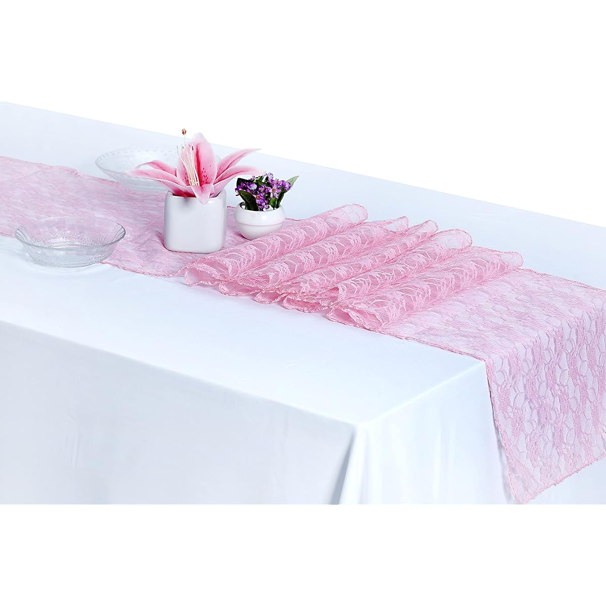 MDS 20 Pack Wedding 12 x 108 Inch Lace Table Runner Wedding Banquet Decoration Lace Table Runner 20 Pink 20 _lace runner_ blush pink