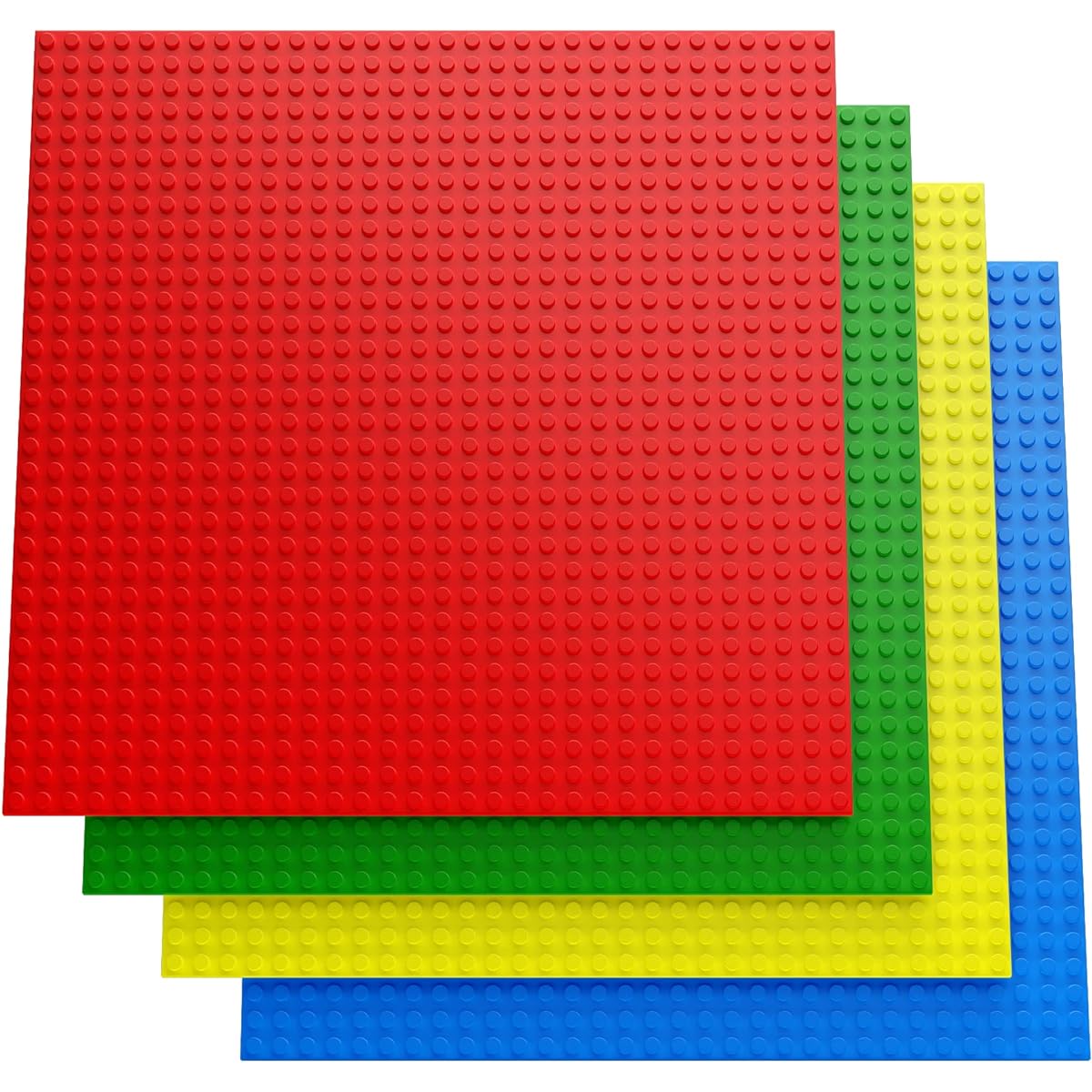 Minizfigs Classic 10" x 10" Double Sided Building Brick Plates Set of 4 for Toy Bricks Classroom Display Tables Fits All Major Brands Red, Green, Yellow, Blue