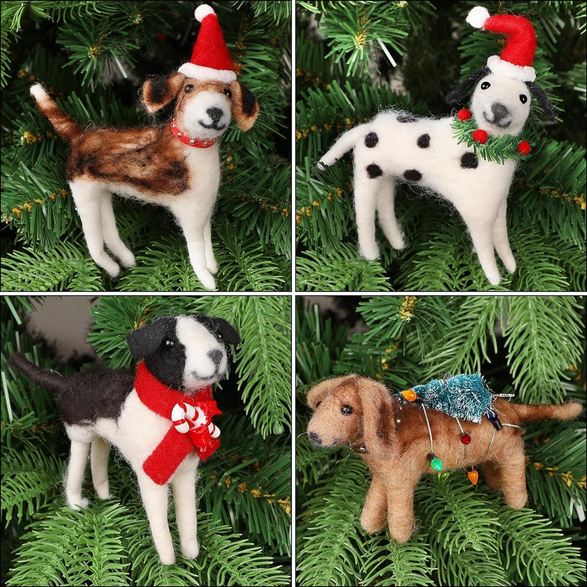 Juegoal Christmas Felt Dog Ornaments, Set of 4, Christmas Wool Puppy Hanging Decorations, Felt Animal Crafts Woodland Cute Christmas Tree Wreath Decorations Home Party Supplies