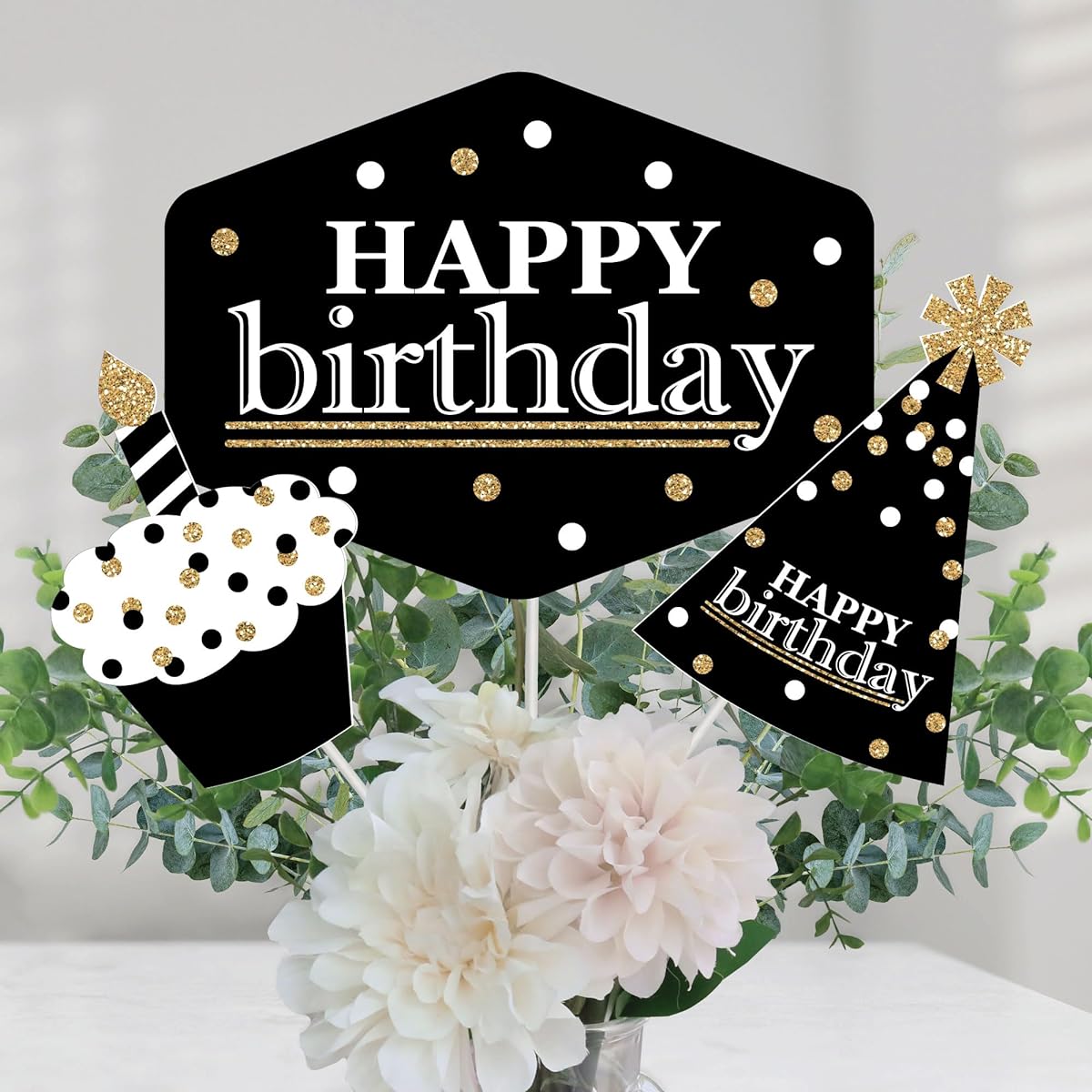 Happy Birthday for Adults - Gold - Birthday Party Centerpiece Sticks - Table Toppers - Set of 15