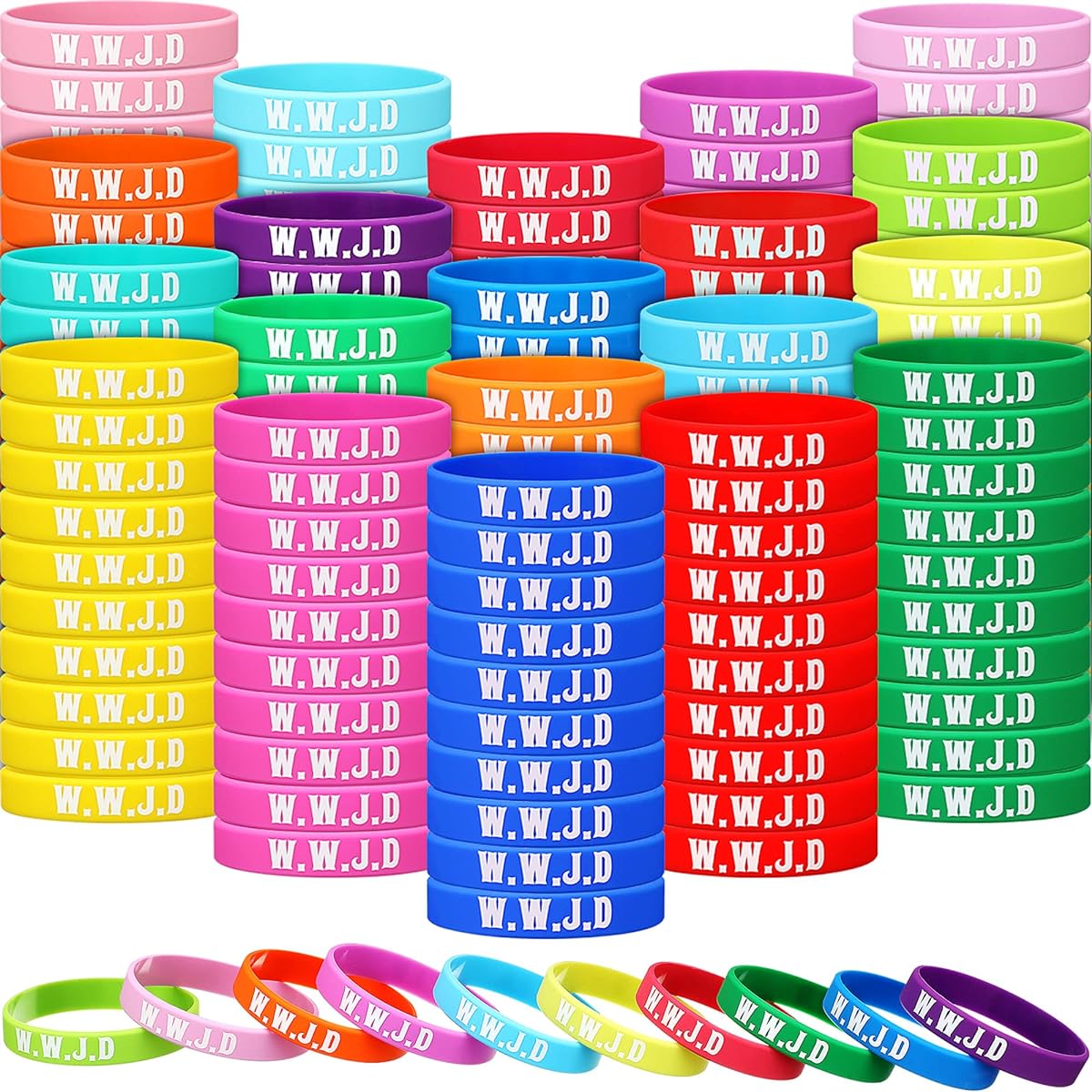 WWJD Bracelets 200 Pieces Religious Color What Would Jesus Do Bracelets Christian Silicone Bracelets Silicone WWJD Wristbands Fundraising Kids Men Women Church Event Party Favors, Silicone.