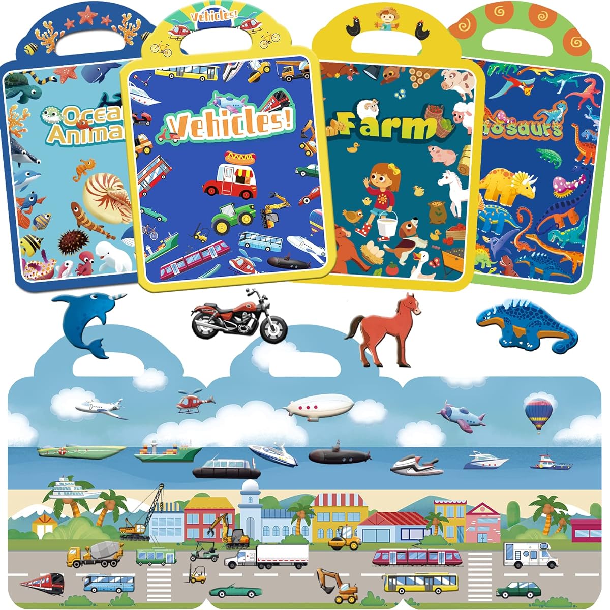 Fluffy Sticker Book for Toddlers 4 Sets 1-3 Fluffy Stickers Activity Book for Kids 2-4 Reusable Fluffy Stickers Vehicles Dinosaur Sea Animal Farm Stickers Boys Girls Window Stickers Birthday Gift