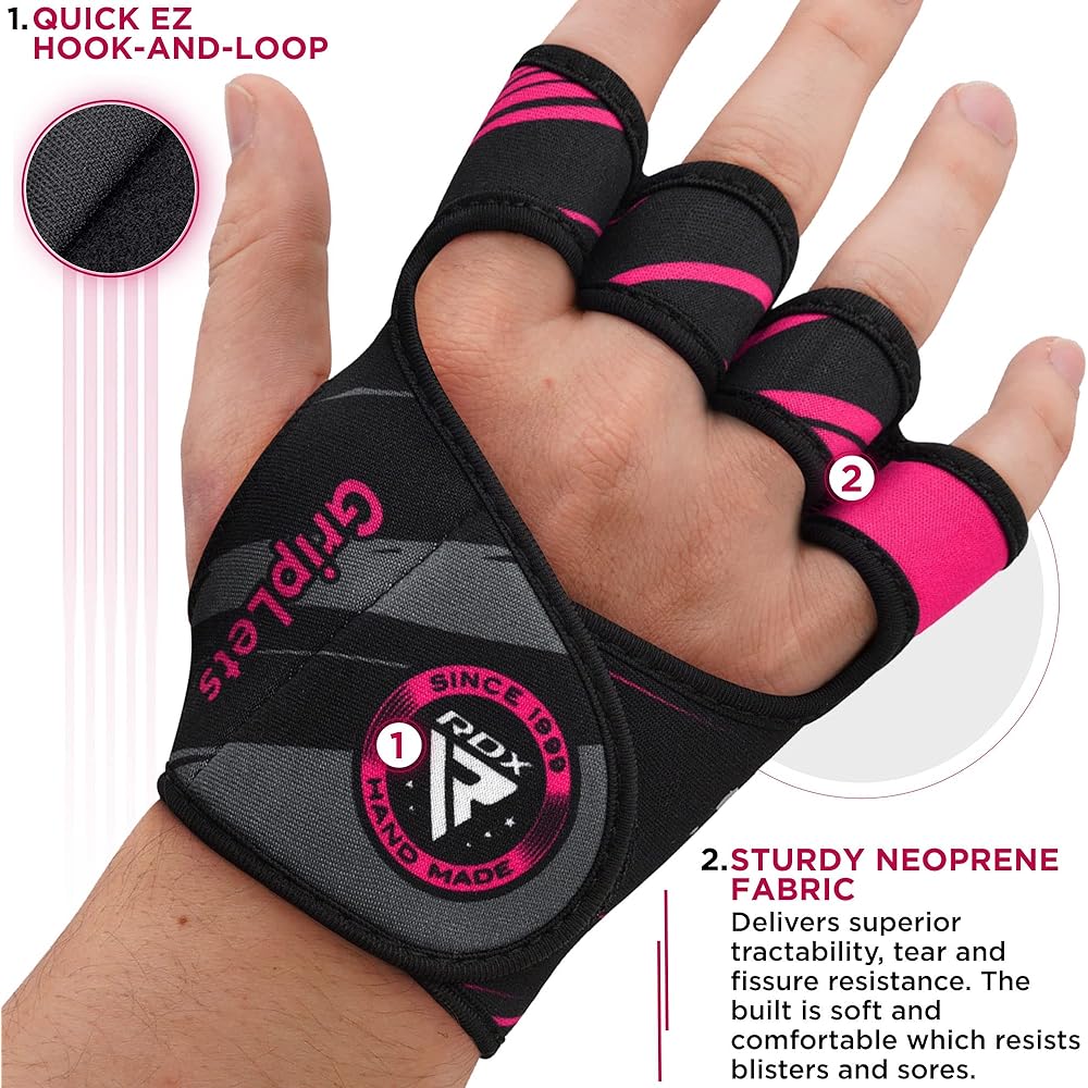 RDX Weightlifting Gloves Workout Gym Fitness Breathable Anti-Slip Open Back Gripper Deadlift Muscle Training HIIT Exercise Women Men Rowing Cycling Hanging Climbing (Pink, XS/S)