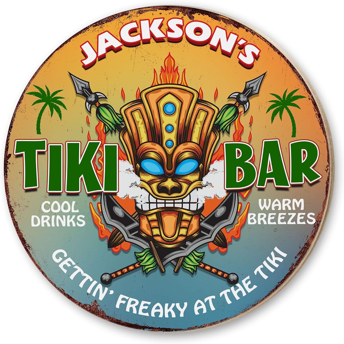 MUCHNEE Personalized Tiki Bar Sign - Getting Freaky At The Tiki Tropical Lounge Beach Decor Retro Style Round Wooden Sign for Bar Backyard Pool Patio Restaurant Dining Room with Custom Name Bar