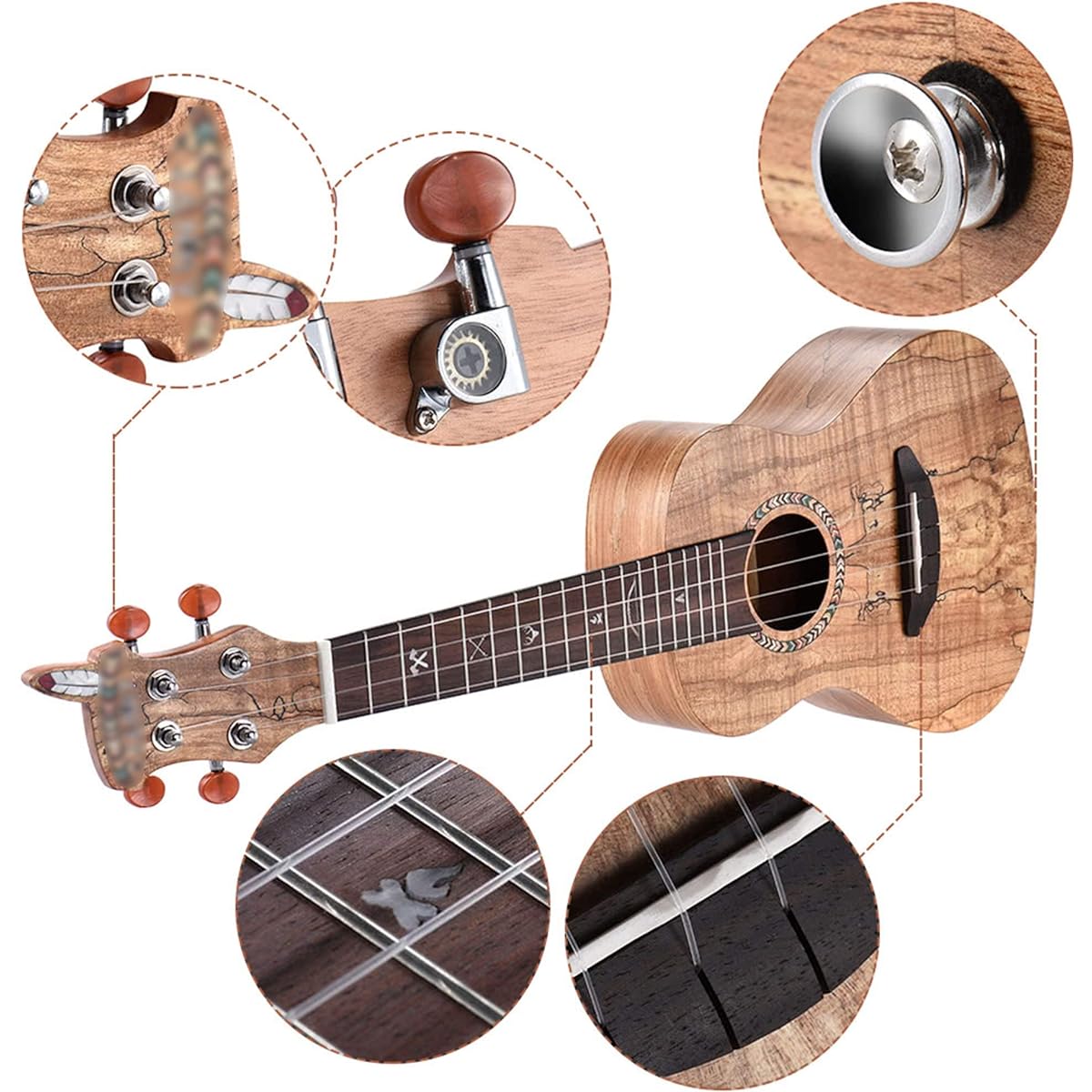 Ukulele 21" Acoustic Wooden Soprano Ukulele Ukelele Uke Spalt Maple Wood Carbon Strings Padded Carrying Bag String Strap Clip-on Tuner Musical Instrument Ukulele,