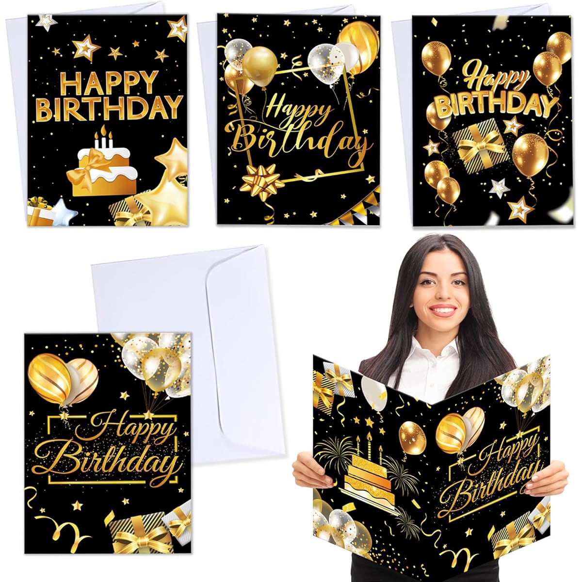 Whaline Jumbo Birthday Cards with White Envelopes, Gold Black Birthday Cake Balloons, Happy Birthday Greeting Cards, Giant Guest Book, Party Decorations for Birthday Party, Office, Women, Men, 4 Designs