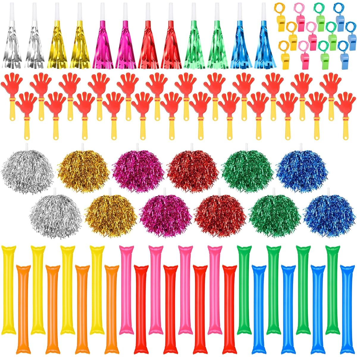 Jenaai 96 Pcs Cheerful Noise Makers Party Favors, 24 Thunder Sticks, 24 Hand Clappers, 24 Cheerleading Poms, 12 Blowout Whistles with Fringe, Colorful Plastic Whistles for Dance Football Favors
