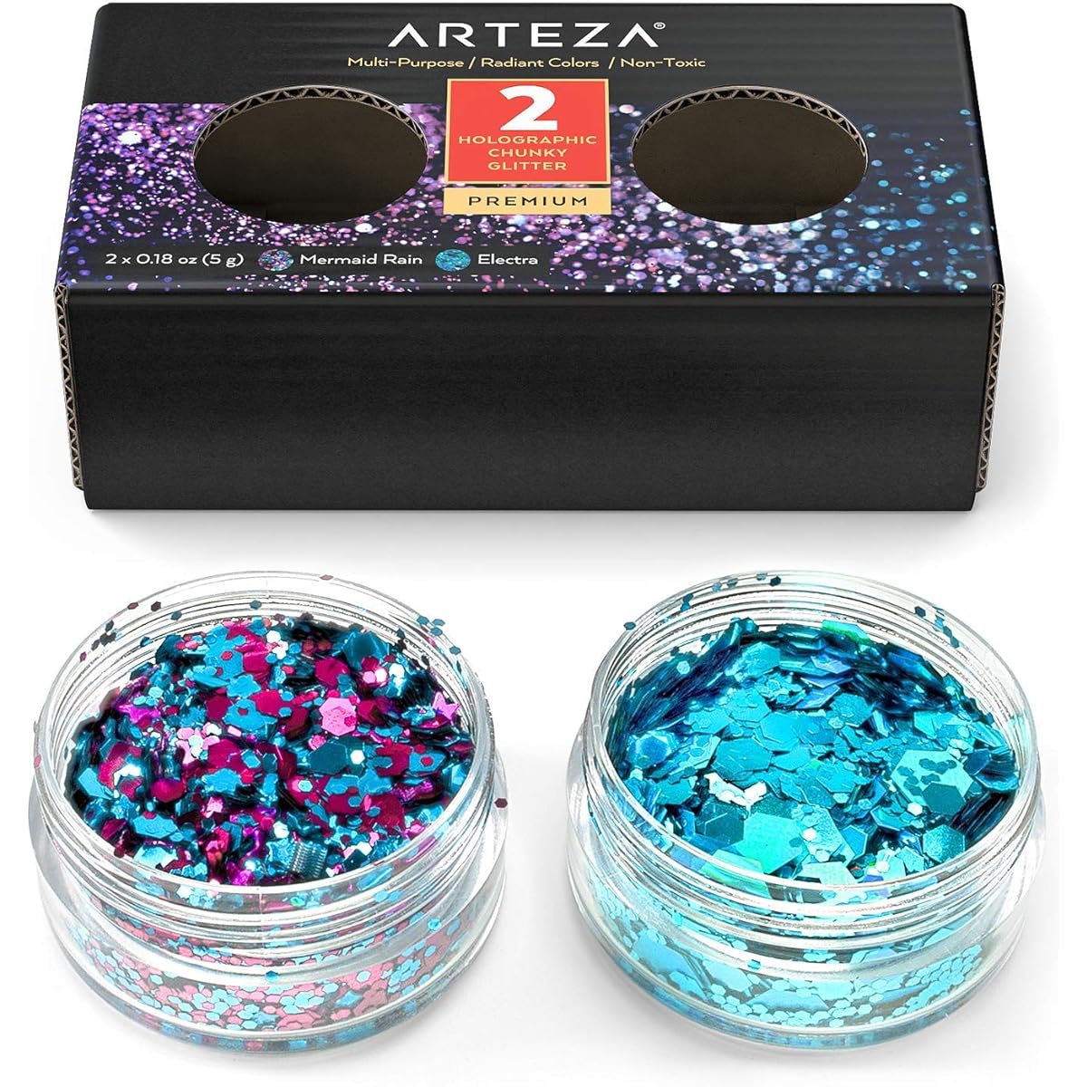 Arteza Multi-Purpose Chunky Holographic Glitter Jars (Set of 2 Colors): Mermaid Rain & Electra - 5g Each