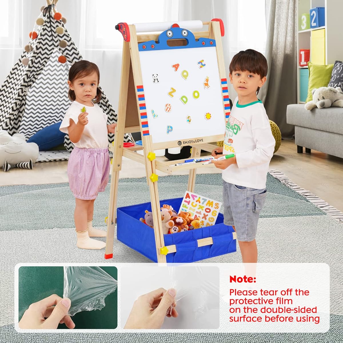 Wooden Easel 3 in 1 Kids Easel with Paper Roll Adjustable Height Art Easel Double Sided Chalkboard & Whiteboard for Children Toddler Birthday Holiday Gift