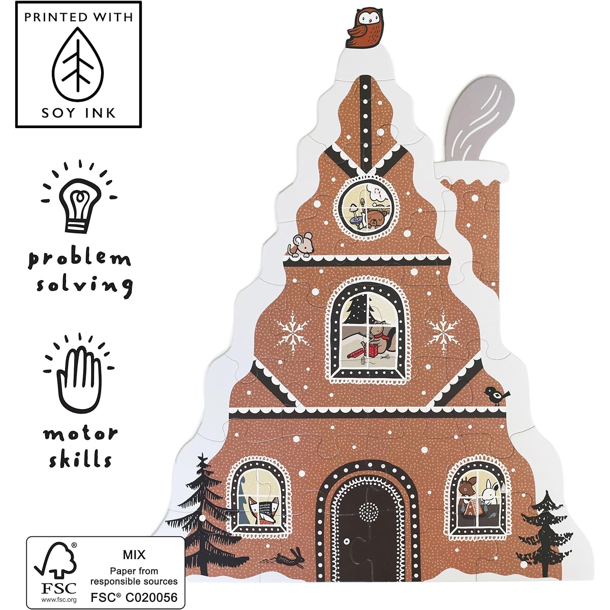 Wee Gallery Floor Puzzle Gingerbread House Large Puzzle 24 Piece Winter Holiday Animals Christmas Decoration Problem Solving Learning Activities for Children Kids Kindergarten