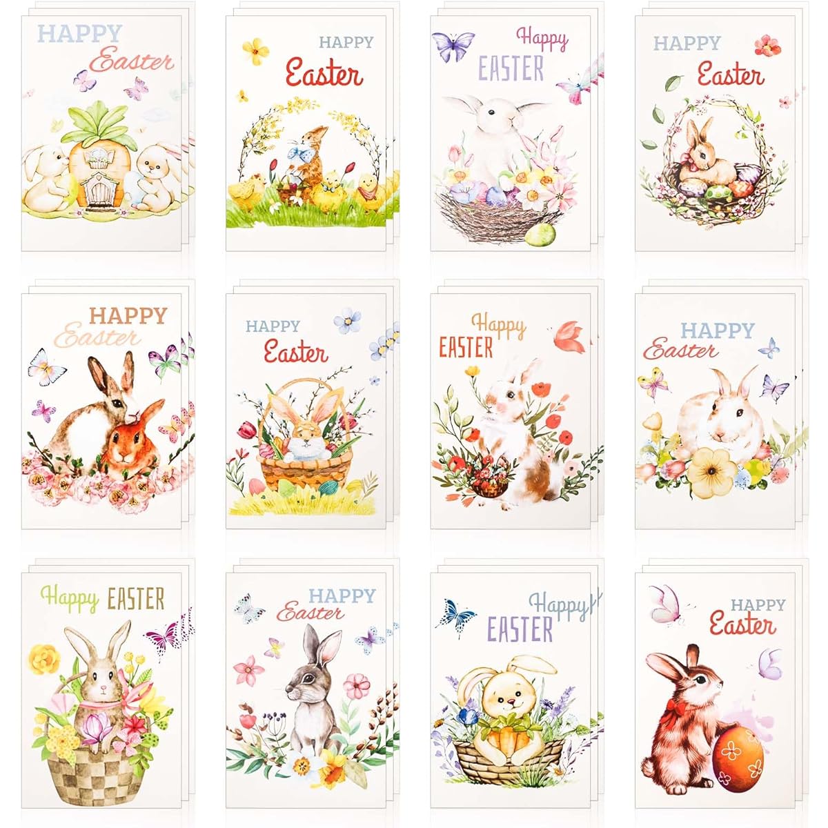 PEUTIER 36pcs Easter Greeting Cards 5.9x3.95 Inch 12 Styles Happy Easter Bunny Note Cards Colorful Egg Basket Decorative Cartoon Rabbit Cards Classroom Exchange Gifts Party Supplies