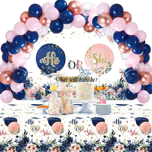 107 Pieces Gender Reveal Party Decorations Navy and Blush His or Her Party Supplies Backdrop Banner with Tablecloth and Balloons for Boys/Girls Gender Reveal Baby Shower Party Decorations