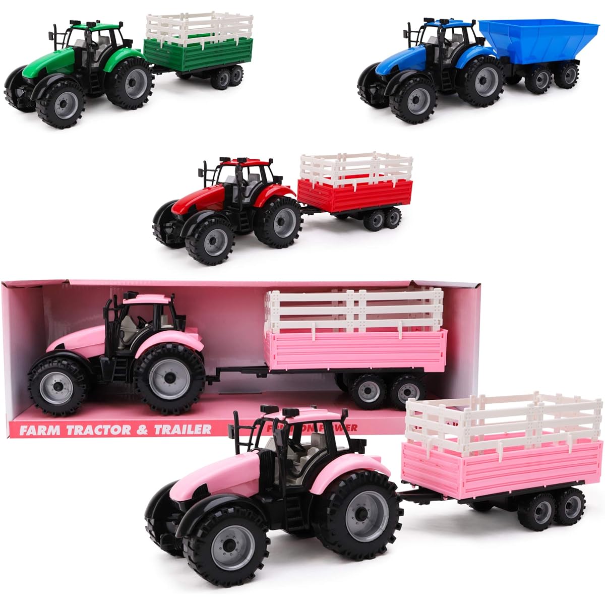 Toyland Friction Powered Farm Tractor with Trailer Pink Red Blue Pink