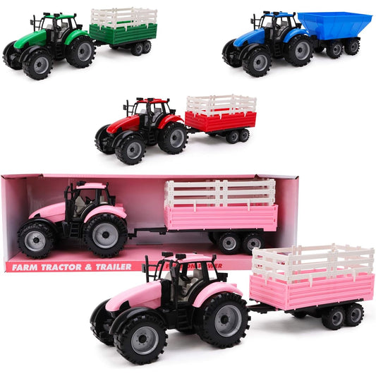 Toyland Friction Powered Farm Tractor with Trailer Pink Red Blue Pink