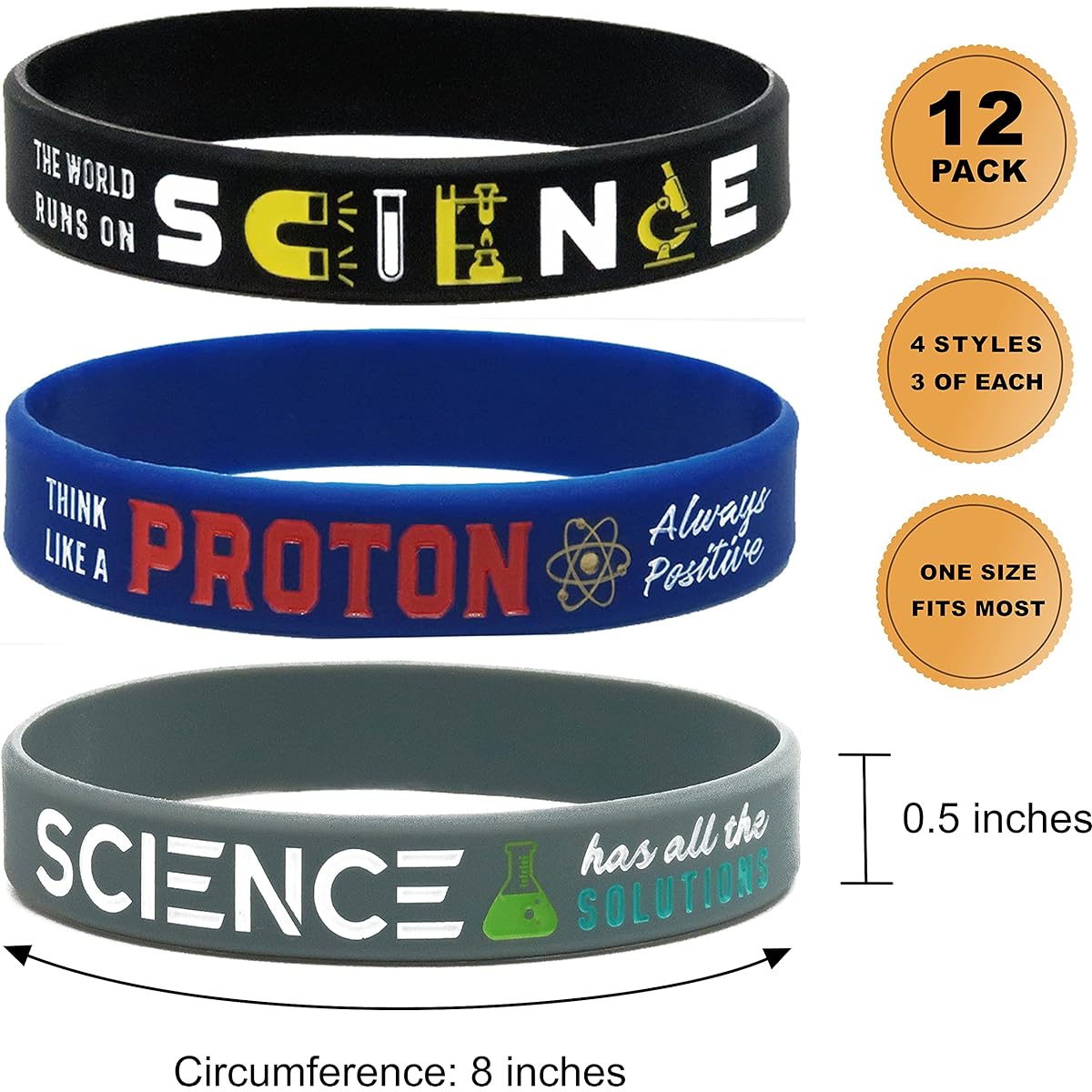 Giftphoria Science Bracelets (12 Pack) - Wholesale Bulk Pack Silicone Wristbands for Science Party Favors, Bulk Science Gifts, Goodie Bag Prizes - Unisex, Men, Women, Boys, Girls