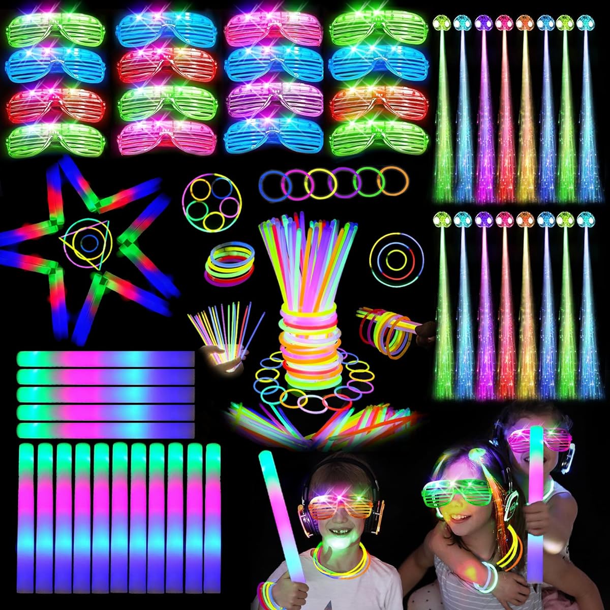 Baijle Glow in the Dark Party Supplies, 16pcs Foam Glow Sticks, 16pcs LED Glasses, 16pcs Glow Stick Bracelets, 16pcs LED Hair Clips Fiber Optic for Glow Party, New Year, Wedding, Concert