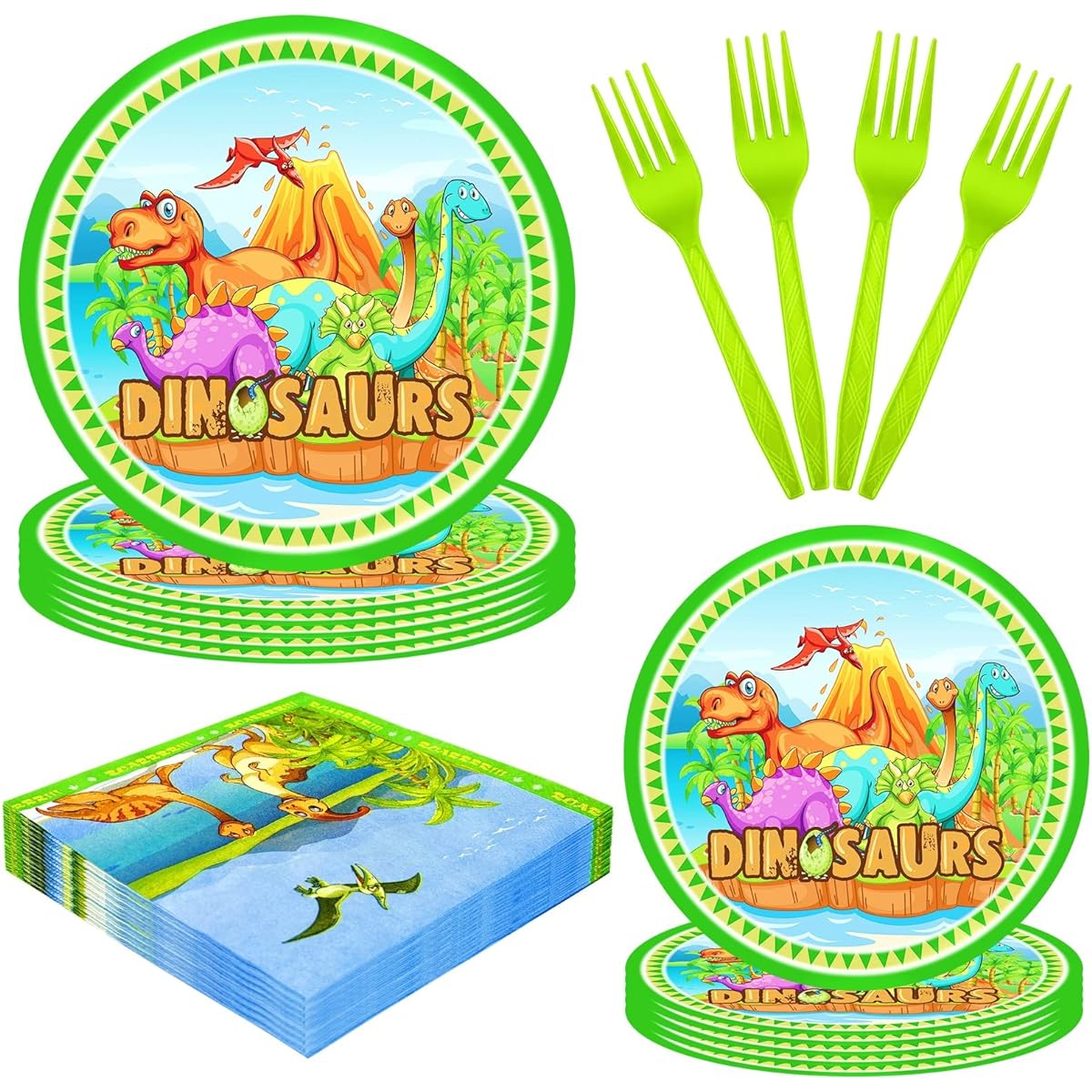 HJINGY Dinosaur Party Supplies, Dinosaur Birthday Party Tableware Set, Jurassic Park Theme Plates, Napkins Forks, Party Decorations for 24 Guests, 96pcs Dinosaur Party Favors