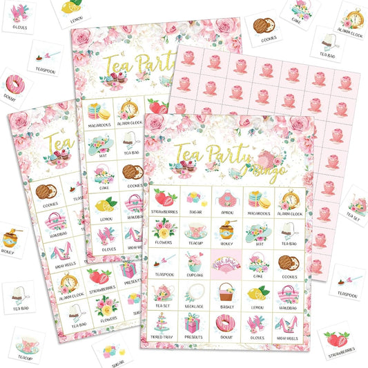 Shappy 35 Piece Tea Party Bingo Game 24 Players Floral Tea Party Bingo Cards Vintage Flower Tea Party Game for Kids Family School Classroom Activities Birthday Baby Shower Wedding Party Favors