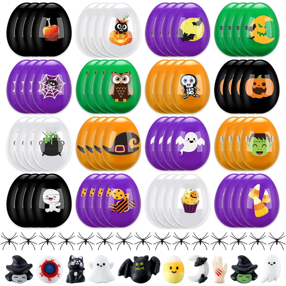 Fulmoon Halloween Eggs Colorful Plastic Skeleton Eggs Halloween Squishy Trick or Treating Candy Box Halloween Party Supplies 80pcs 68pcs Spiders 16pcs Toys