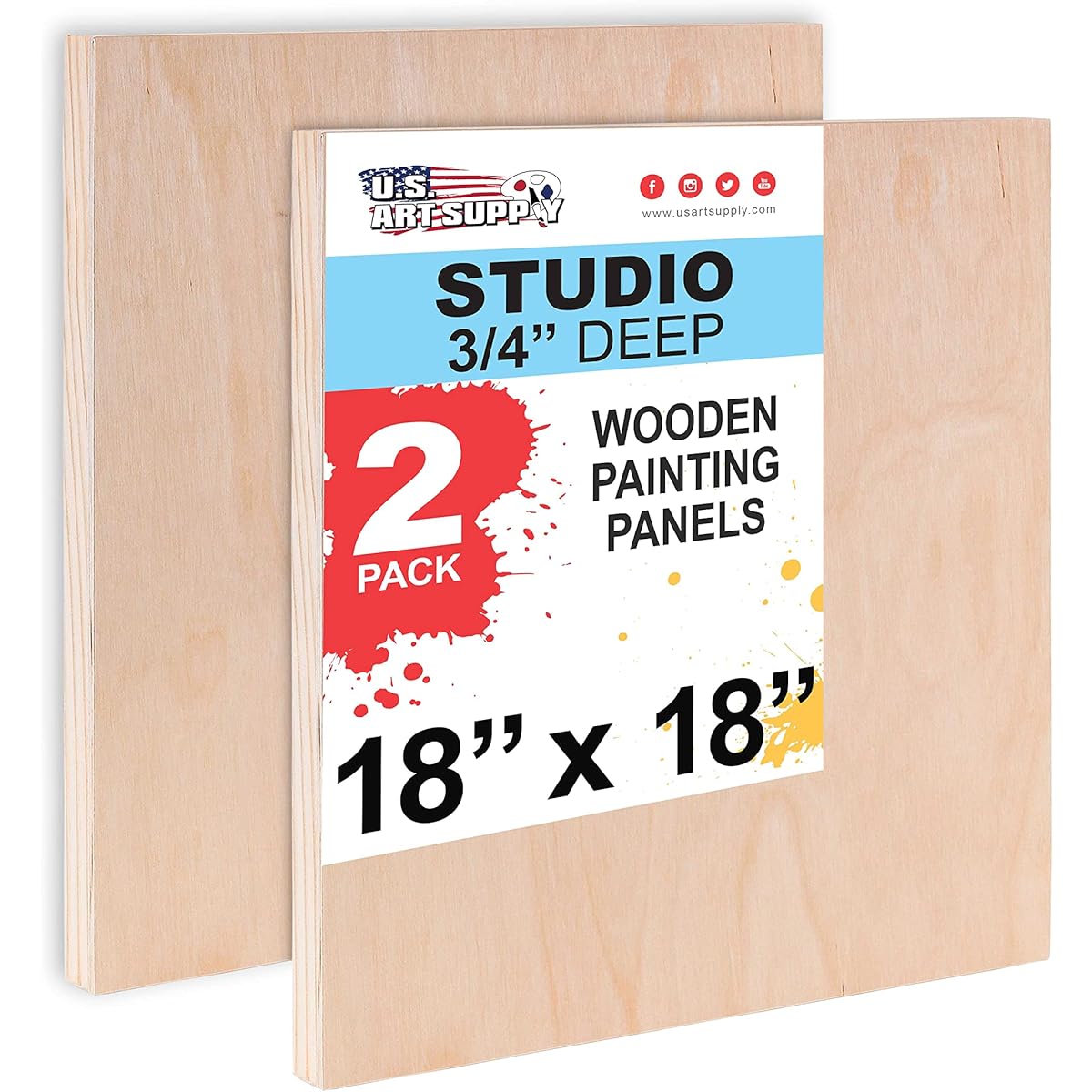 U.S. Art Supply 18" x 18" Birch Wood Paint Poured Panel Board Studio 3/4" Deep Cradle (Pack of 2) - Artist Wood Wall Canvas - Painting Mixed Media Craft Acrylic Oil Watercolor Encaustic