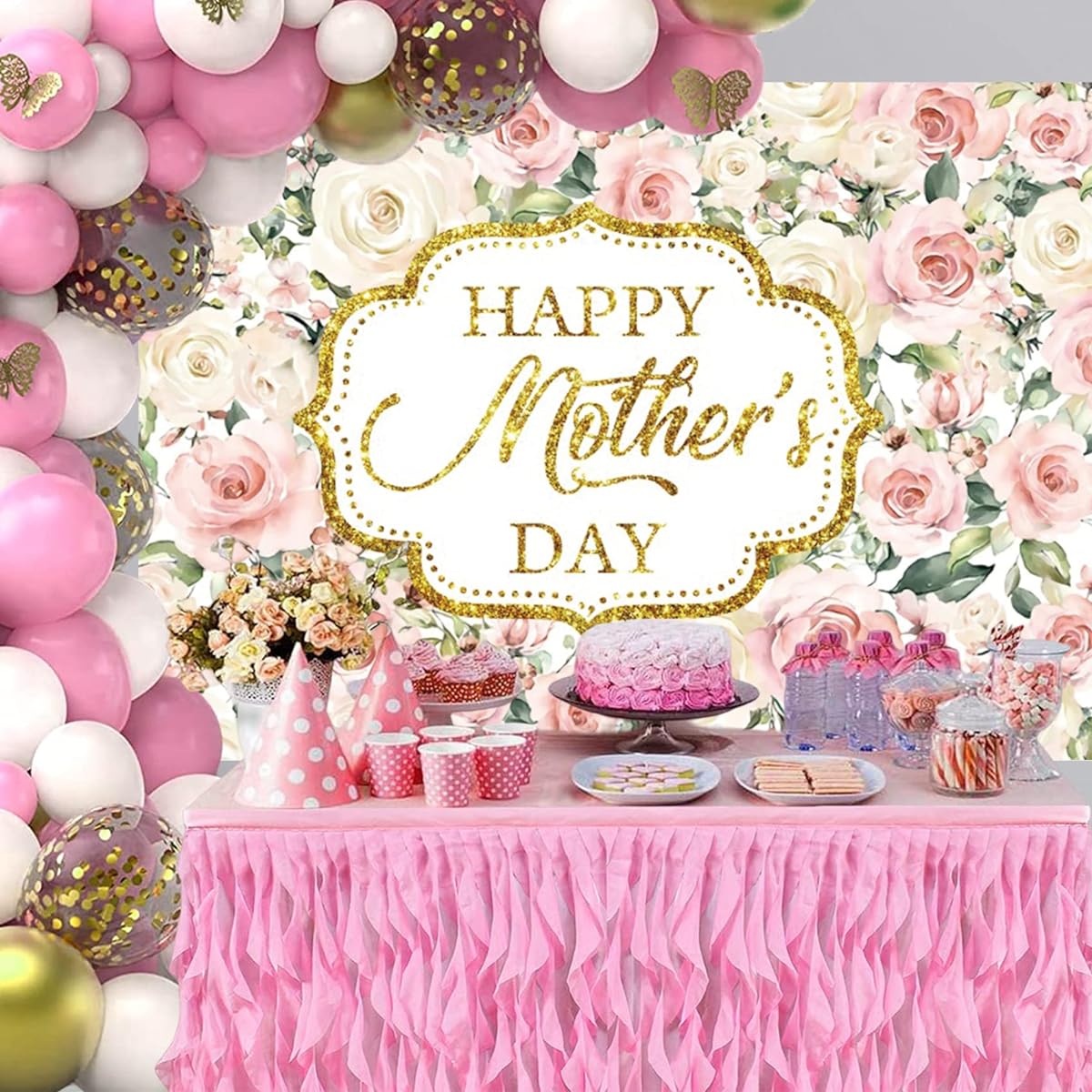 Baocicco 7x5ft Happy Mother's Day Backdrop Pink White Rose Flower Wall Backdrop Mother's Day Party Decorations Banner